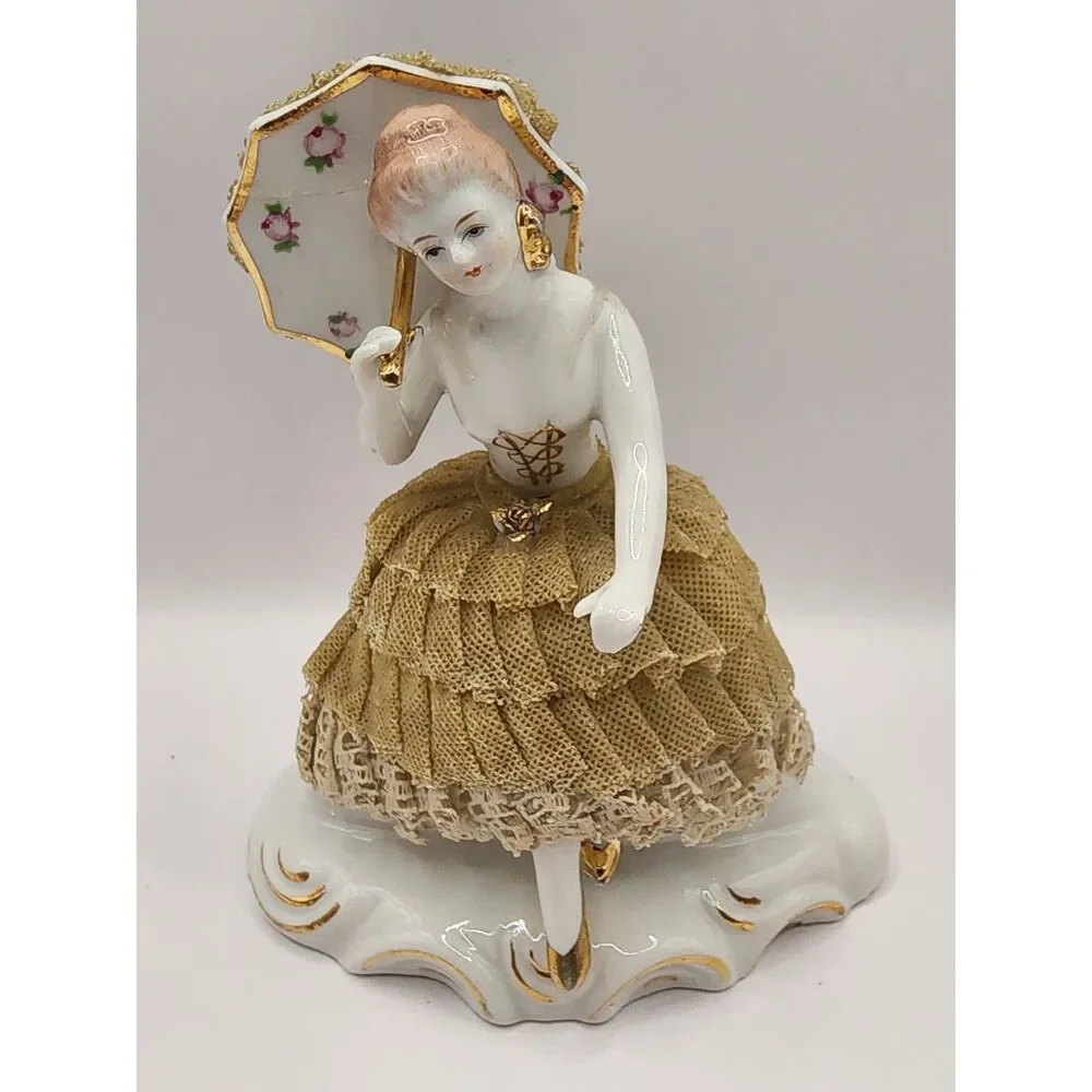 Vintage Porcelain Lace Lady Figurine Iridescent Pink Gold Roses 5 inches